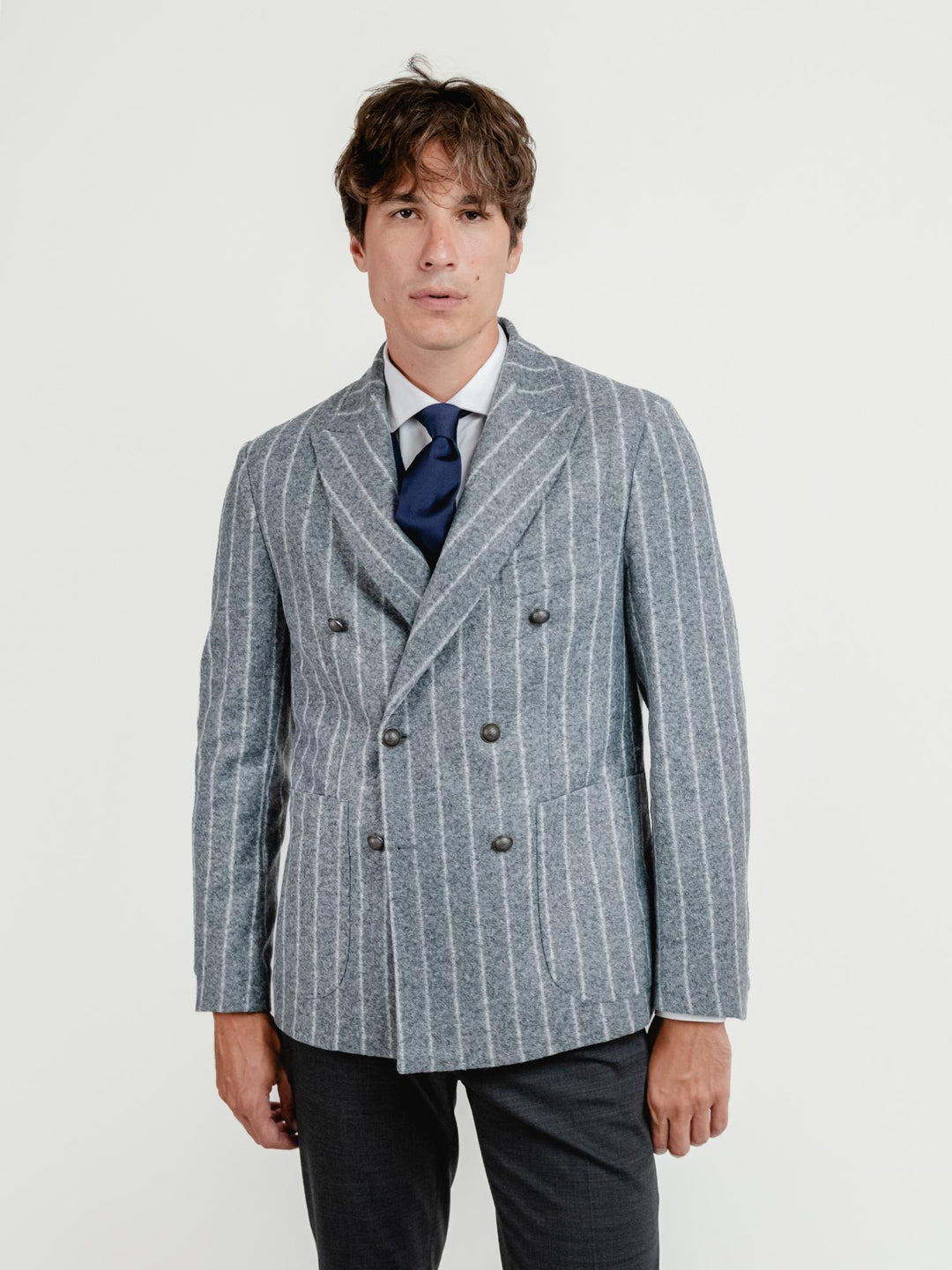 BLAZER DOPPIOPETTO MISTO LANA GESSATO GRIGIO G007 172 ANDREA MORANDO 