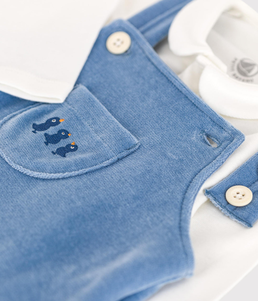 Completo salopette blu fantasia pulcini in velluto bebè A0BN8 01 PETIT BATEAU 