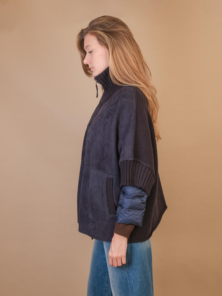 MANTELLA "ADELE" IN CAMOSCIO CON INSERTI IN MAGLIA E PIUMINO  BLU ADEK 201 JACK LEATHER 