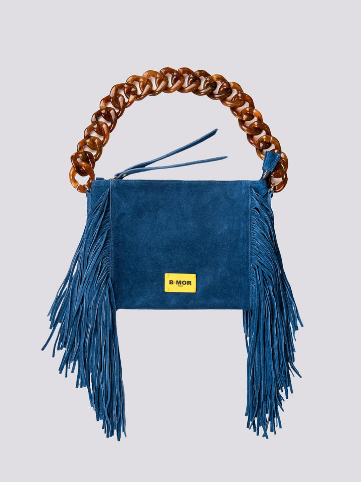 BORSA A TRACOLLA IN CAMOSCIO blu jeans CON FRANGE "FLAPPY" FLAPPY JEANS BIMOR 