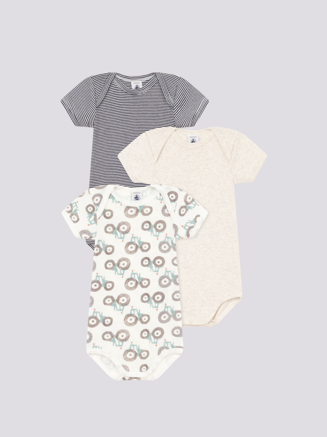 CONFEZIONE DA 3 BODY BEBÈ MANICA CORTA IN COTONE CON MOTIVO TRATTORI A08OF 00 PETIT BATEAU 