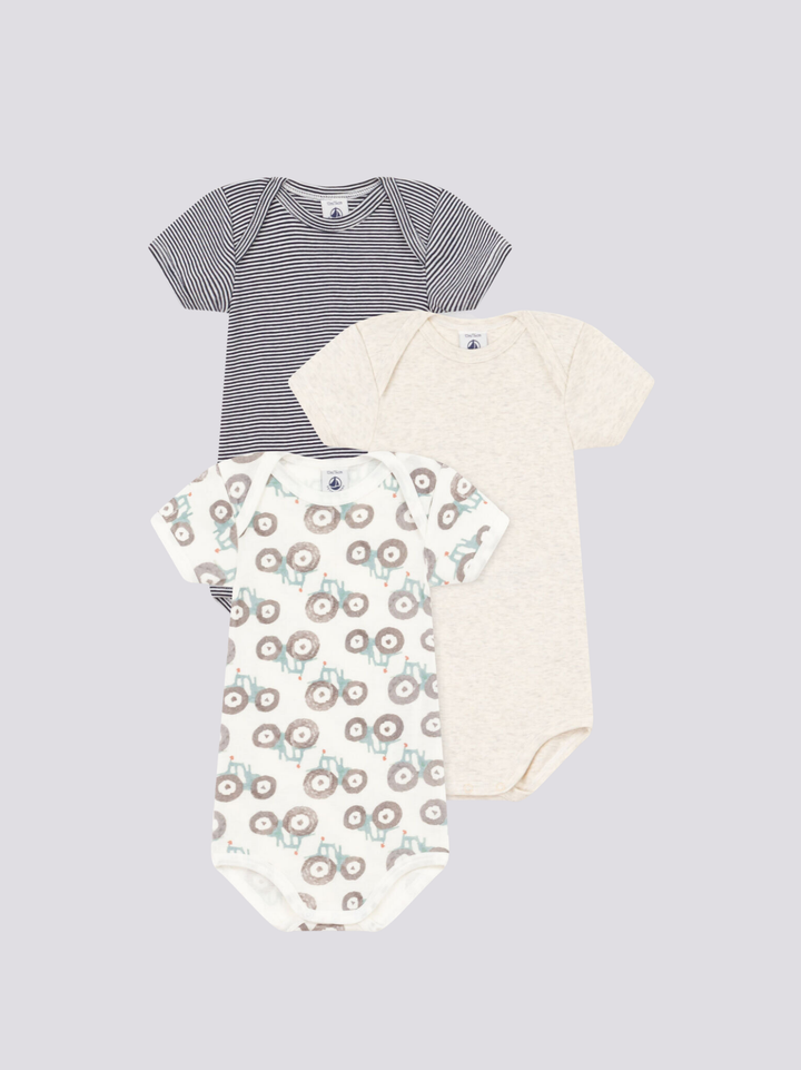 CONFEZIONE DA 3 BODY BEBÈ MANICA CORTA IN COTONE CON MOTIVO TRATTORI A08OF 00 PETIT BATEAU 