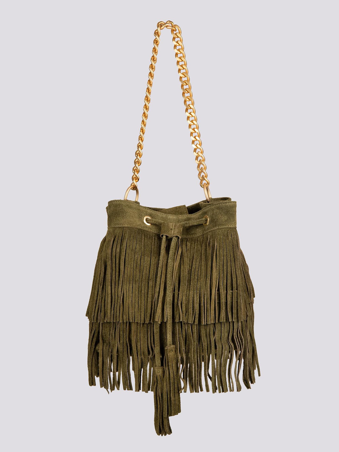 BORSA A SECCHIELLO CON FRANGE IN CAMOSCIO VERDE MILITARE "WILD" WILD VERDE MILITARE BIMOR 