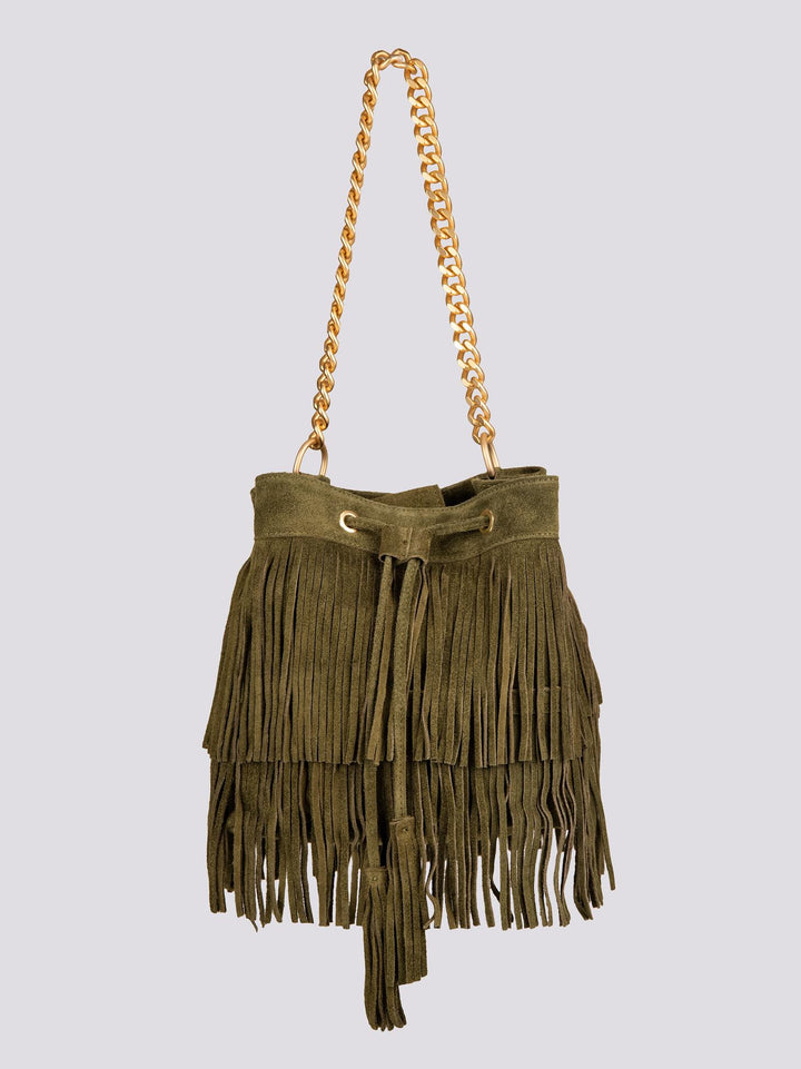 BORSA A SECCHIELLO CON FRANGE IN CAMOSCIO VERDE MILITARE "WILD" WILD VERDE MILITARE BIMOR 