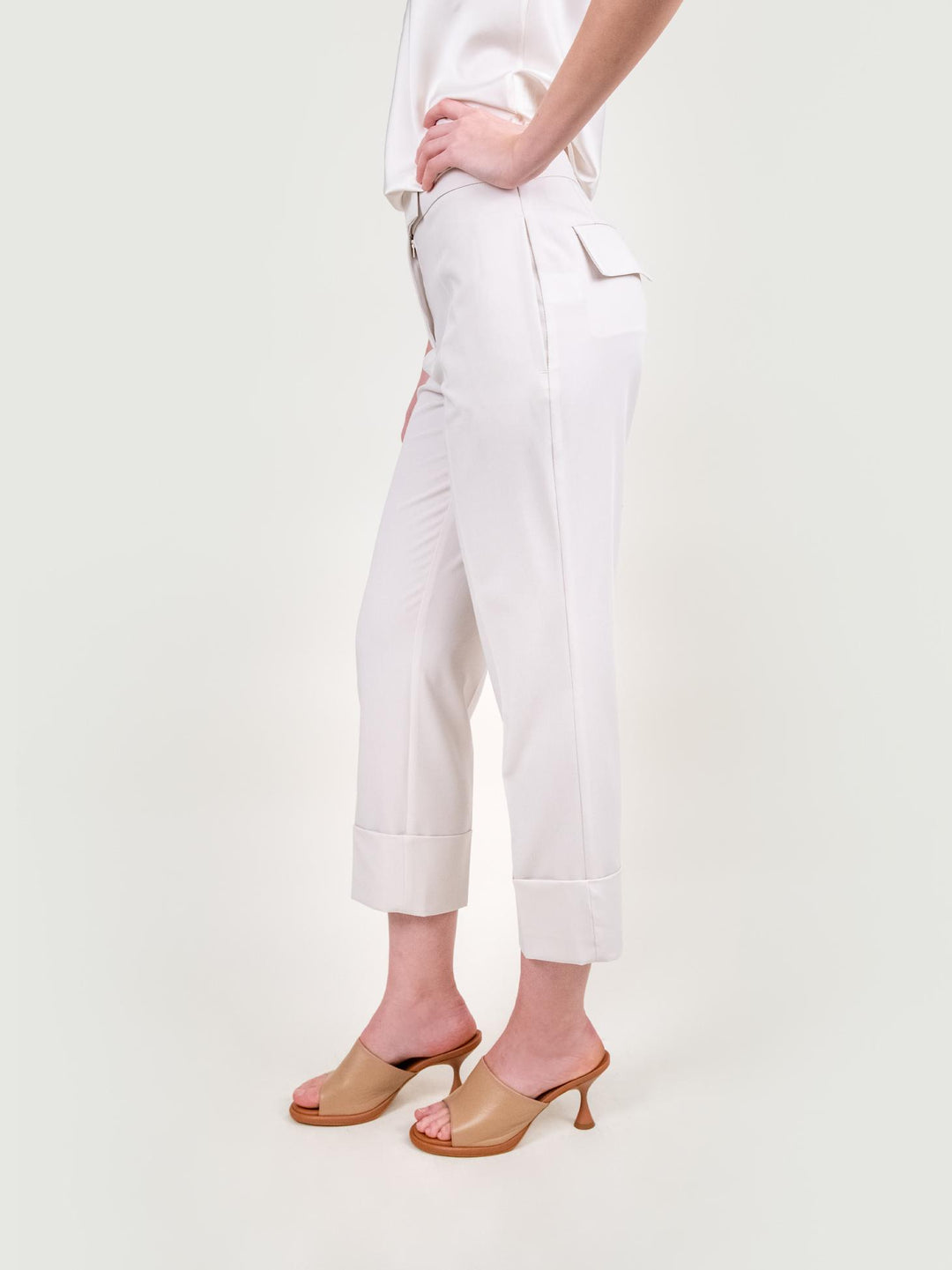 PANTALONE CON MAXI RISVOLTO IN TESSUTO PANNA 313803 STUCCO ANDREA MORANDO 