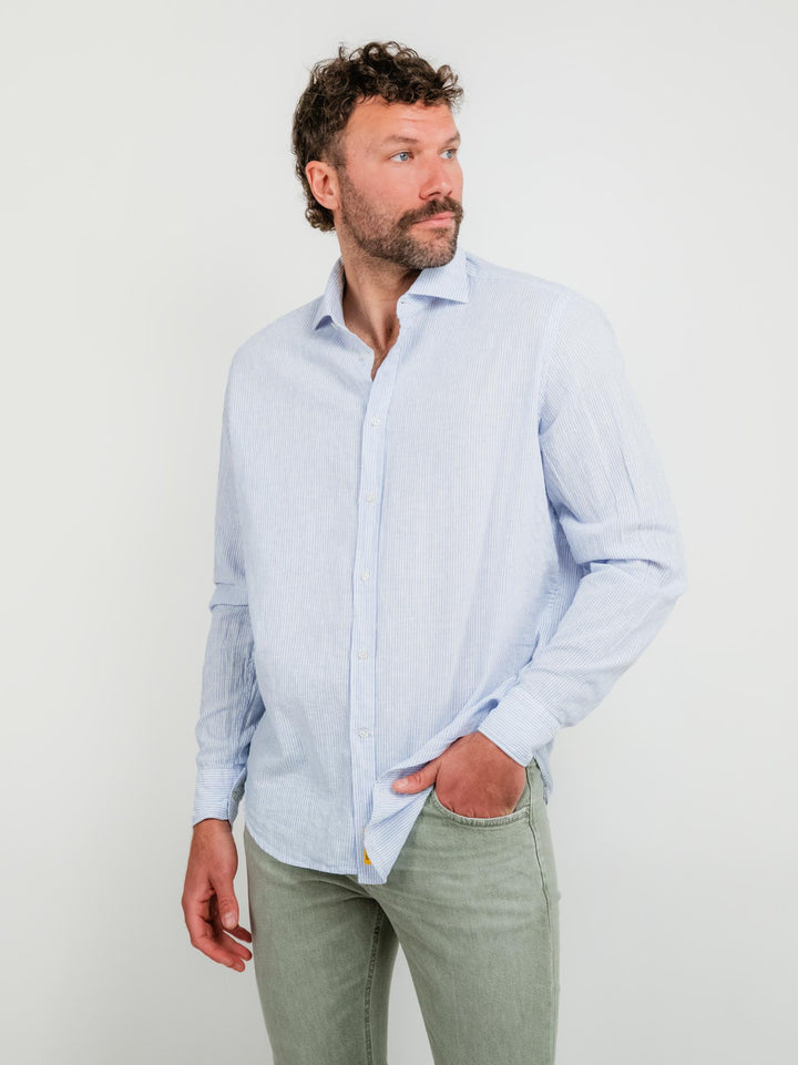 CAMICIA IN LINO E COTONE A RIGHE BIANCHE E AZZURRE