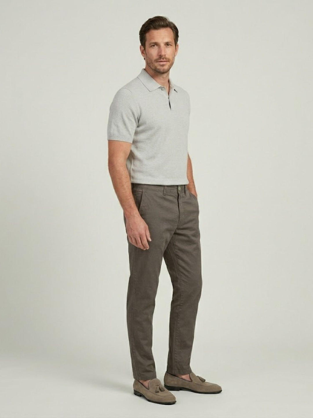 Pantalone chino in cotone taupe con bottone gioiello P-KAP 146 ANDREA MORANDO 