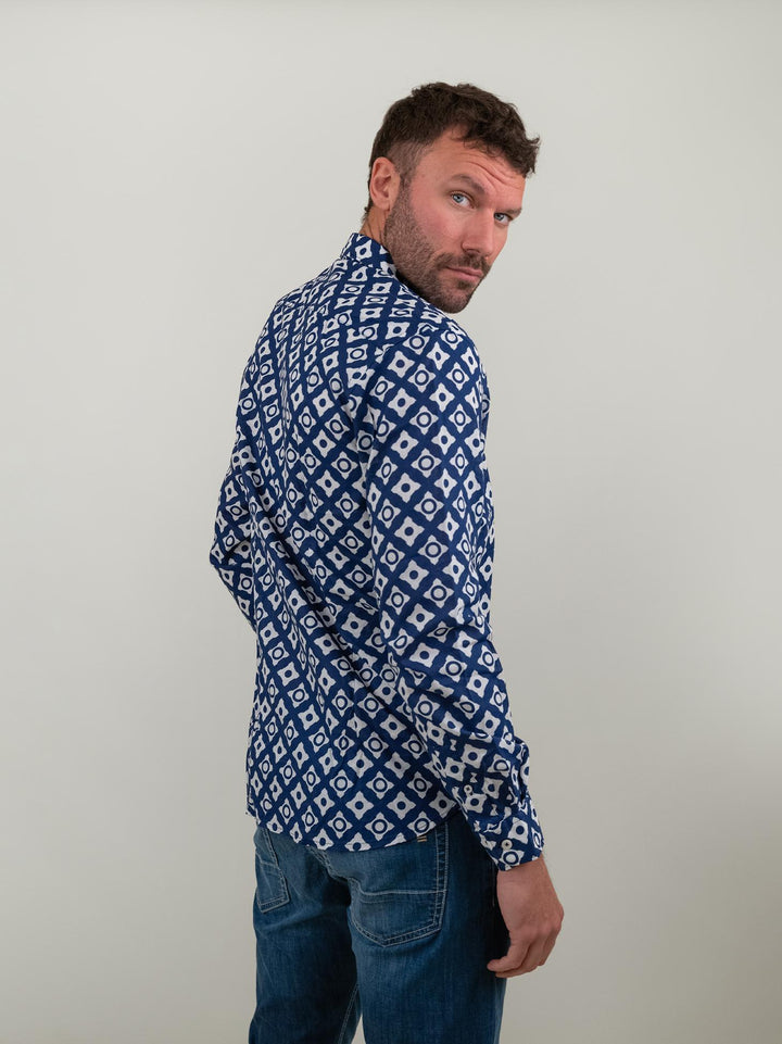 CAMICIA IN LINO FANTASIA GEOMETRICA BLU BU24S02CAFIOLIN492 200 ANDREA MORANDO 
