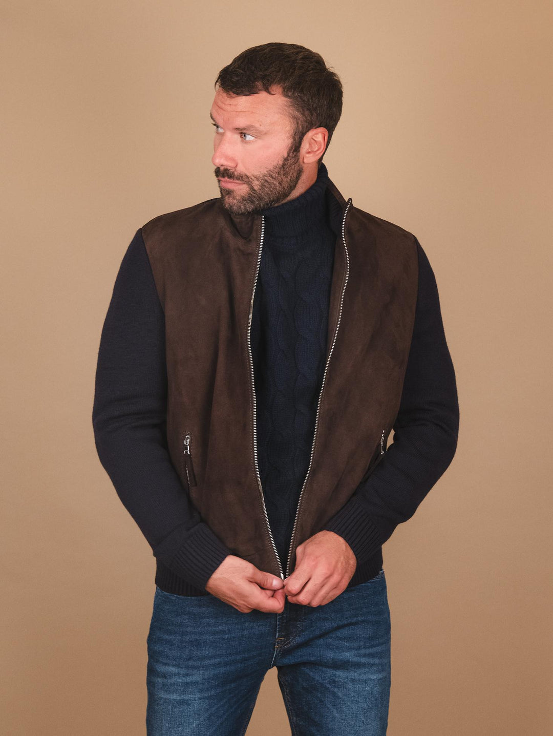 GIUBBOTTO IN CAMOSCIO MARRONE CON INSERTI N MAGLIA FRANCIS FRANCIS 309 JACK LEATHER 