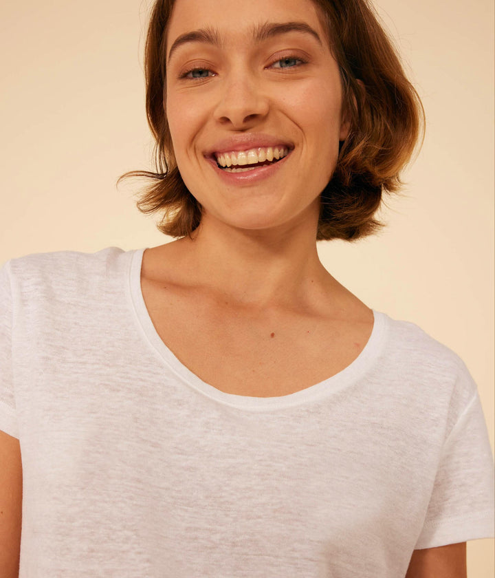 T-SHIRT LE DROIT GIROCOLLO IN LINO DONNA BIANCA A09R7 01 PETIT BATEAU 