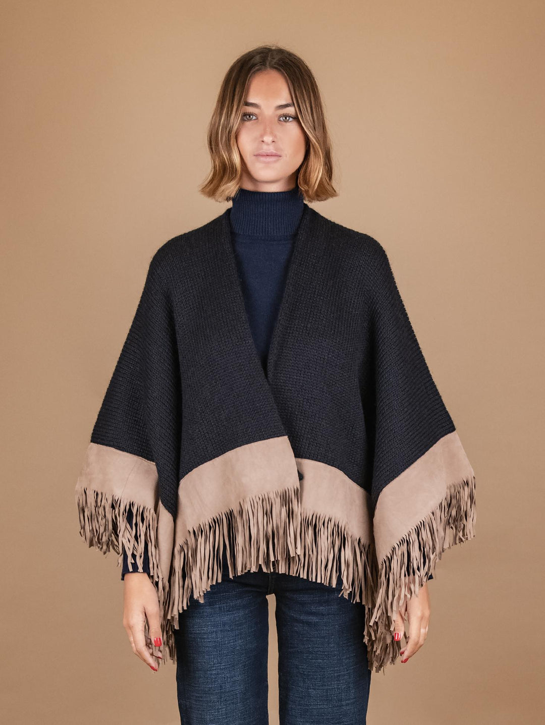 SCIALLE IN LANA BLU CON PROFILI E FRANGE IN CAMOSCIO BEIGE OLIVIA530 270 ANDREA MORANDO 