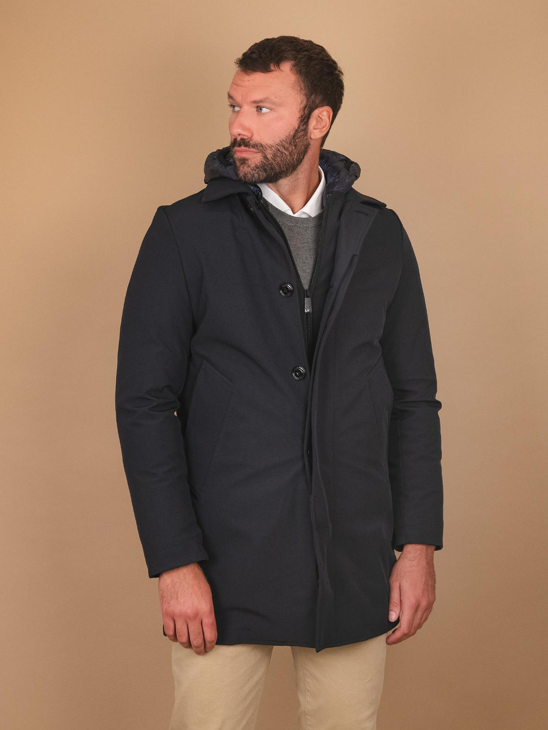 IMPERMEABILE IN TESSUTO TECNICO BLU CON IMBOTTITURA RIMOVIBILE OF1F2W3J0 174 ANDREA MORANDO 