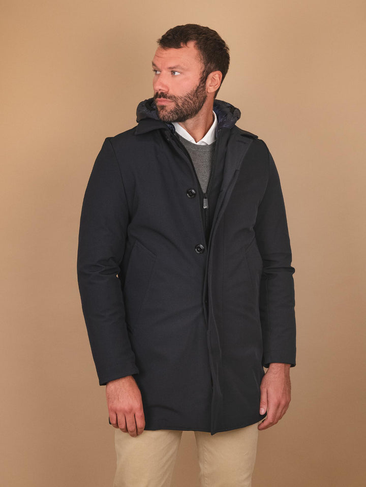 IMPERMEABILE IN TESSUTO TECNICO BLU CON IMBOTTITURA RIMOVIBILE OF1F2W3J0 174 ANDREA MORANDO 
