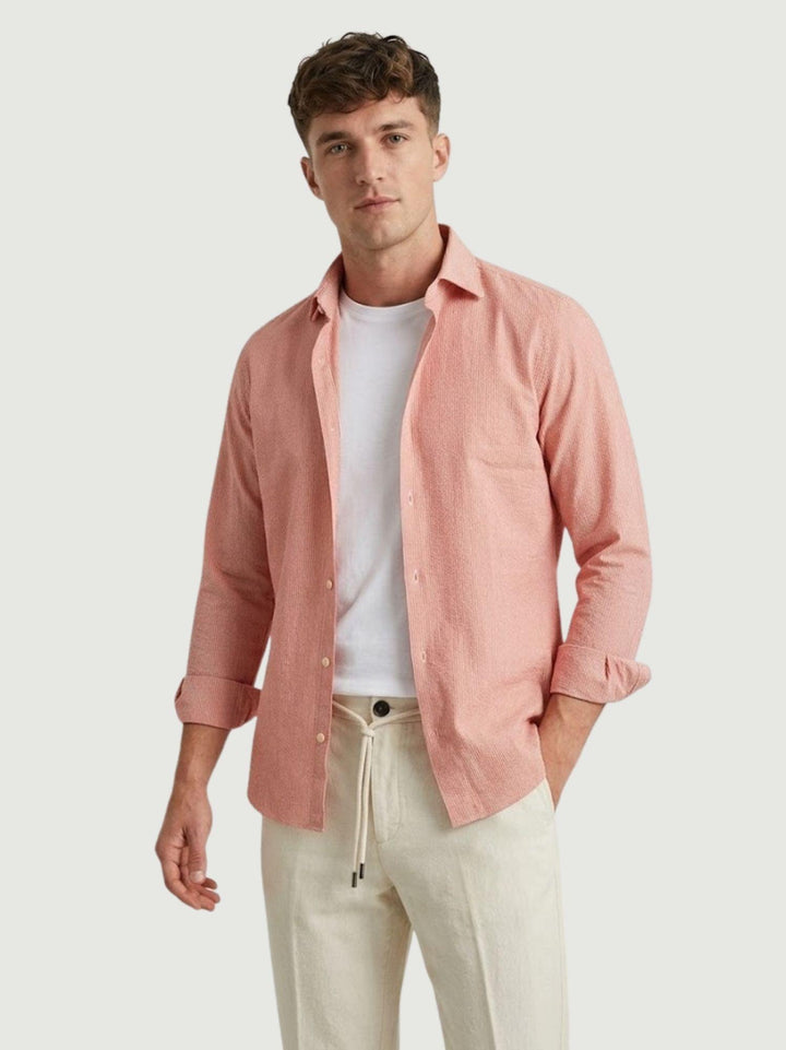 Camicia in cotone seersucker a righine rosse e bianche regular MALDIVES/REG 601-R662 ANDREA MORANDO 