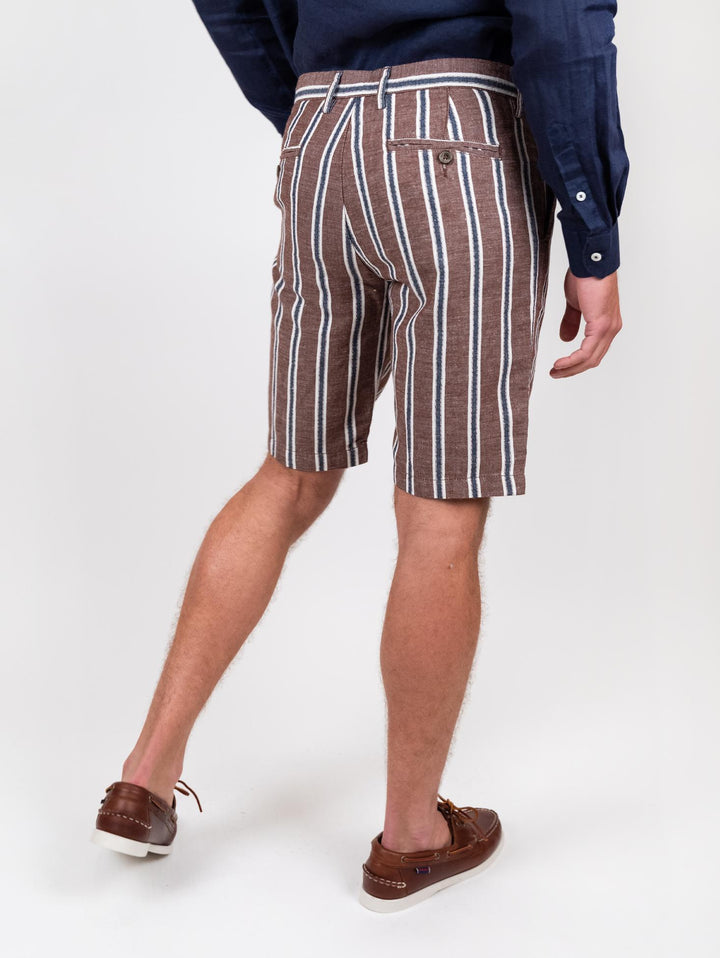 Bermuda in lino e cotone a righe marrone blu