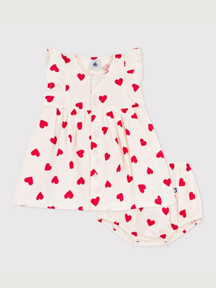 Vestito e bloomer coordinato in cotone stampa a cuori A0F18 03 PETIT BATEAU 