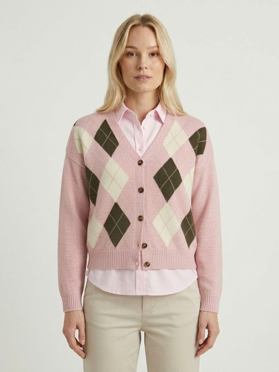 Cardigan con fantasia a rombi in cotone rosa D90106 ROSA/PANNA ANDREA MORANDO 