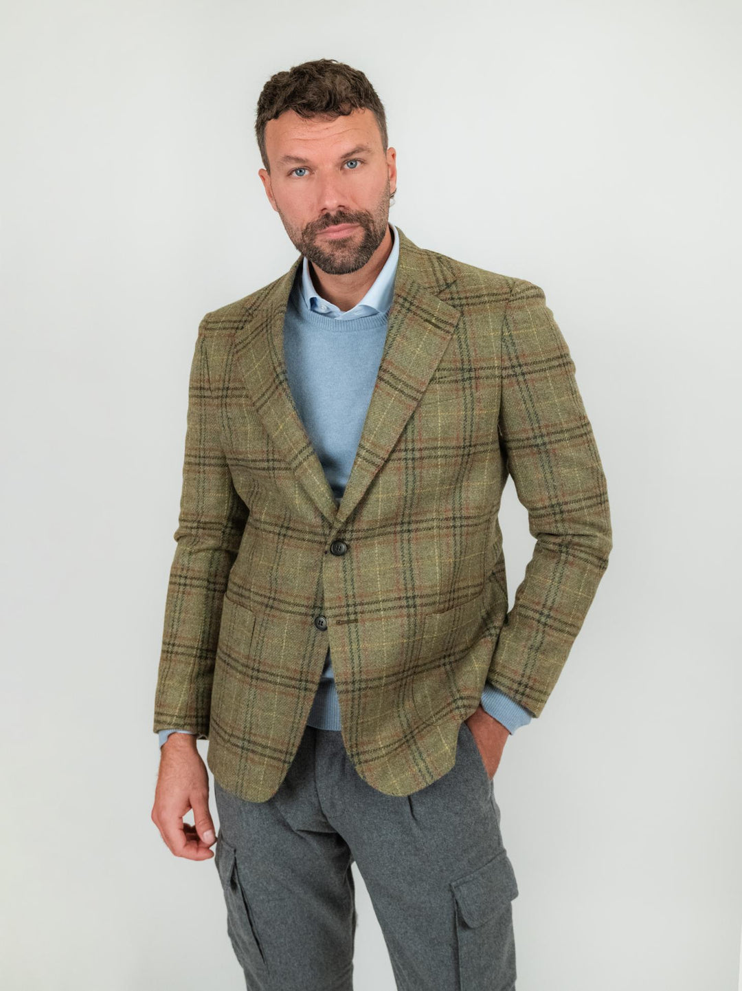 BLAZER A QUADRI  IN LANA VERGINE VERDE GIACCA VERDE/ARANCIO ANDREA MORANDO 
