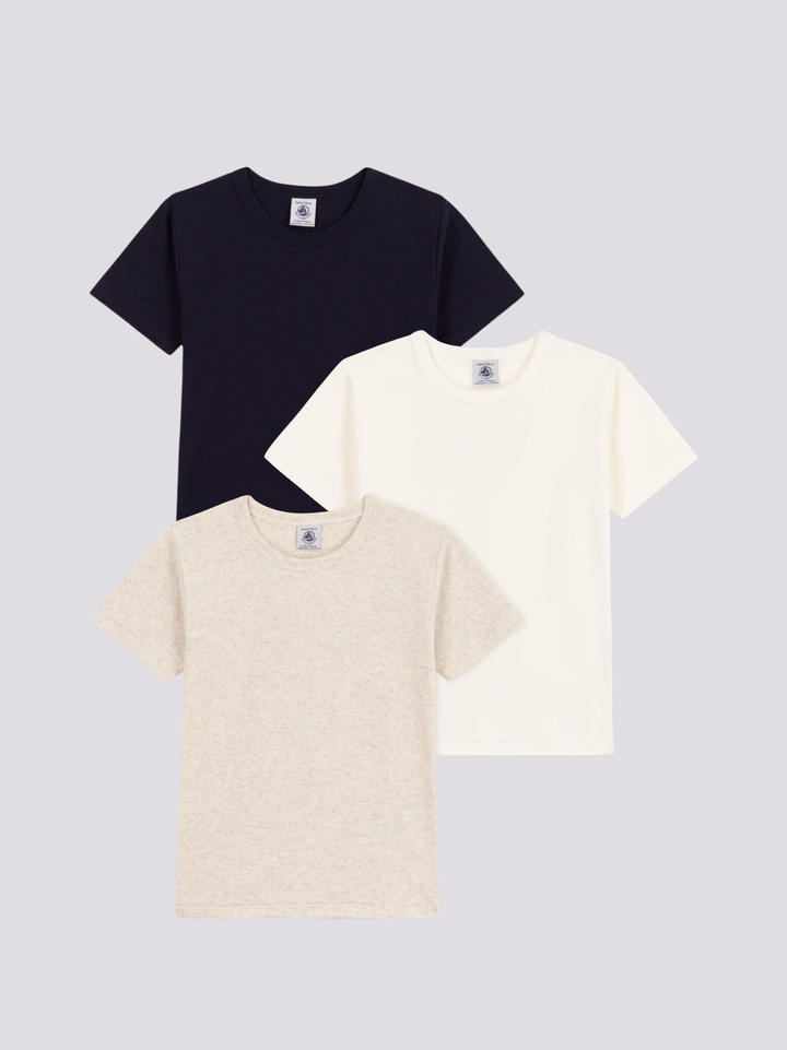 SET DI 3 T-SHIRT BAMBINO A MANICHE CORTE IN COTONE TINTA UNITA A0890 00 PETIT BATEAU 