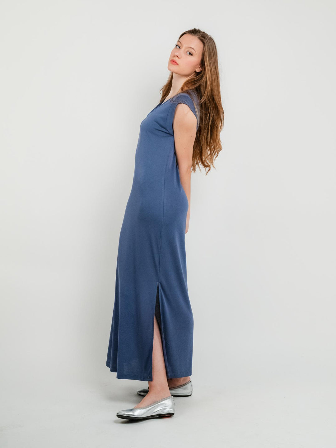 ABITO LUNGO BLUETTE CON MANICHE CORTE 525LIXX711 INDIGO ANDREA MORANDO 