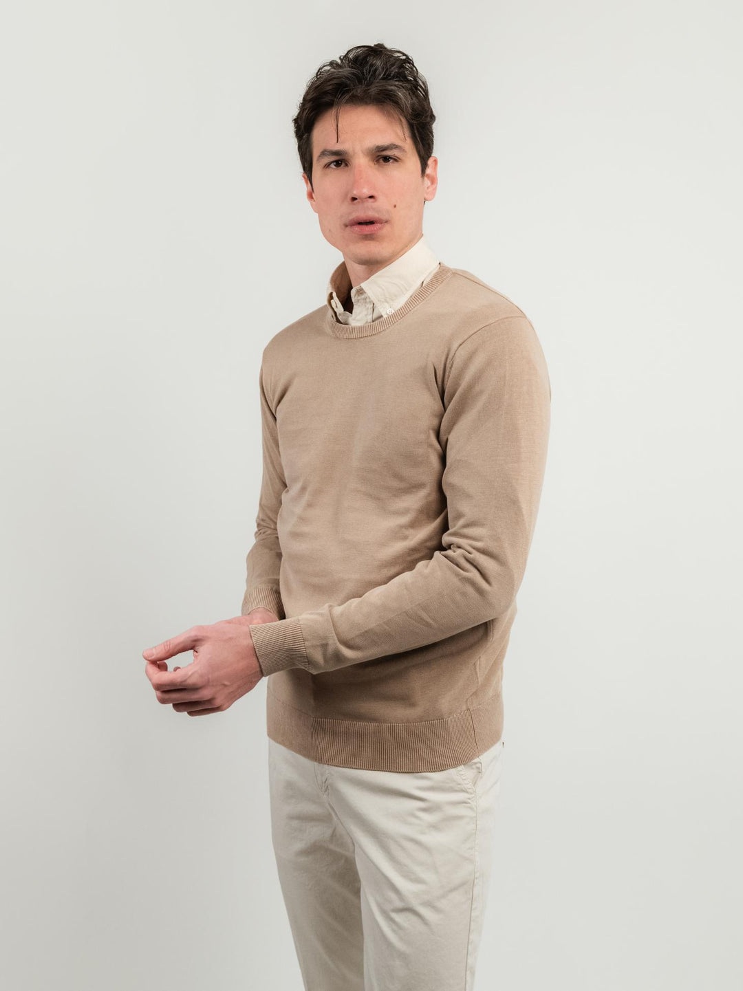 MAGLIA GIROCOLLO IN COTONE RASATO BEIGE