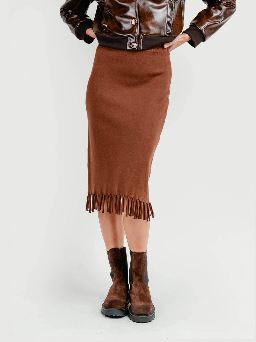 GONNA MIDI IN MAGLIA CON FRANGE CACAO ZS9096 CACAO ANDREA MORANDO 