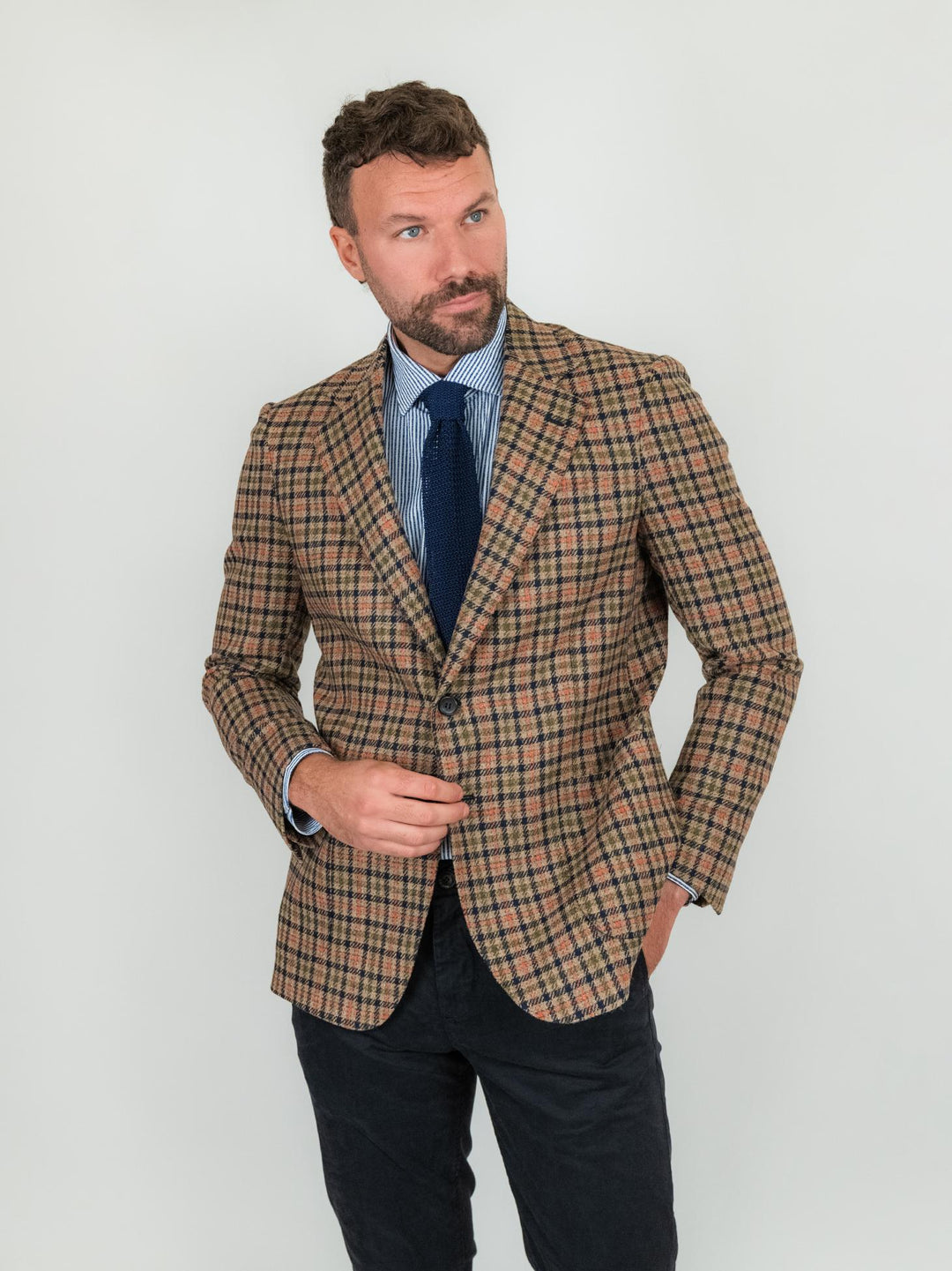 BLAZER FANTASIA CHECK IN LANA VERGINE COLOR TABACCO GIACCA. ARANCIO/BLU ANDREA MORANDO 