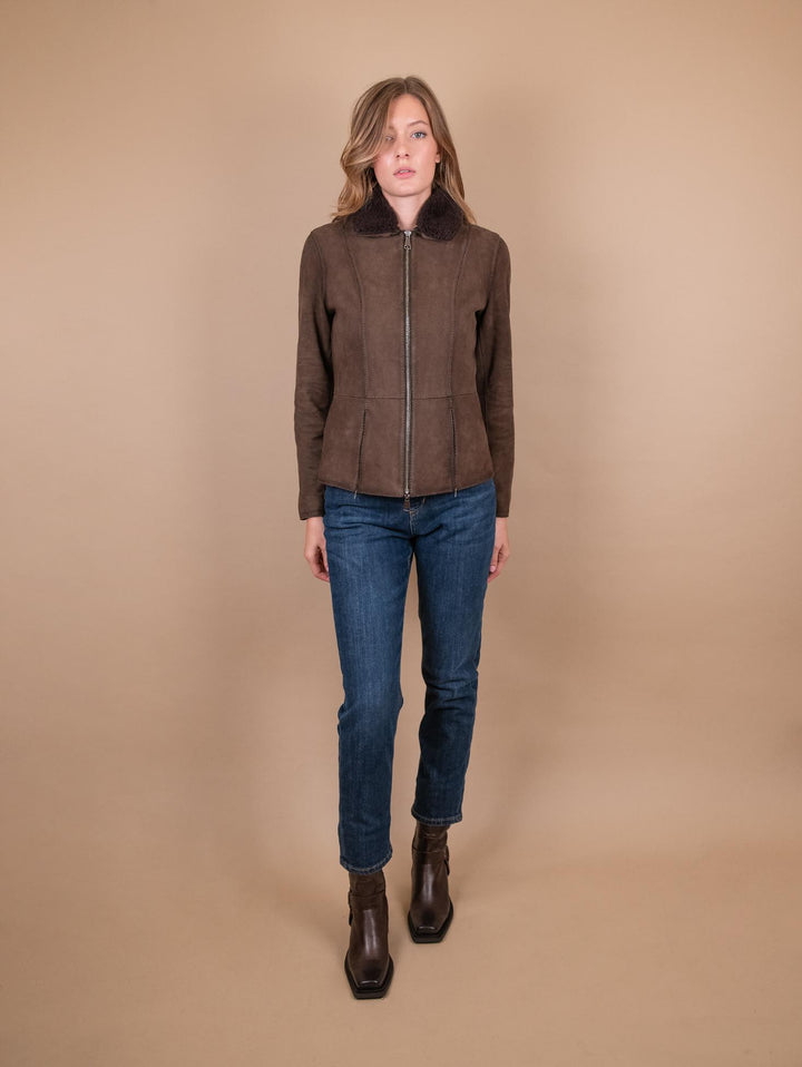 GIUBBOTTO "JUNGLE" IN CAMOSCIO CON ZIP E COLLO IN MONTONE NOCE BET8 704 JACK LEATHER 