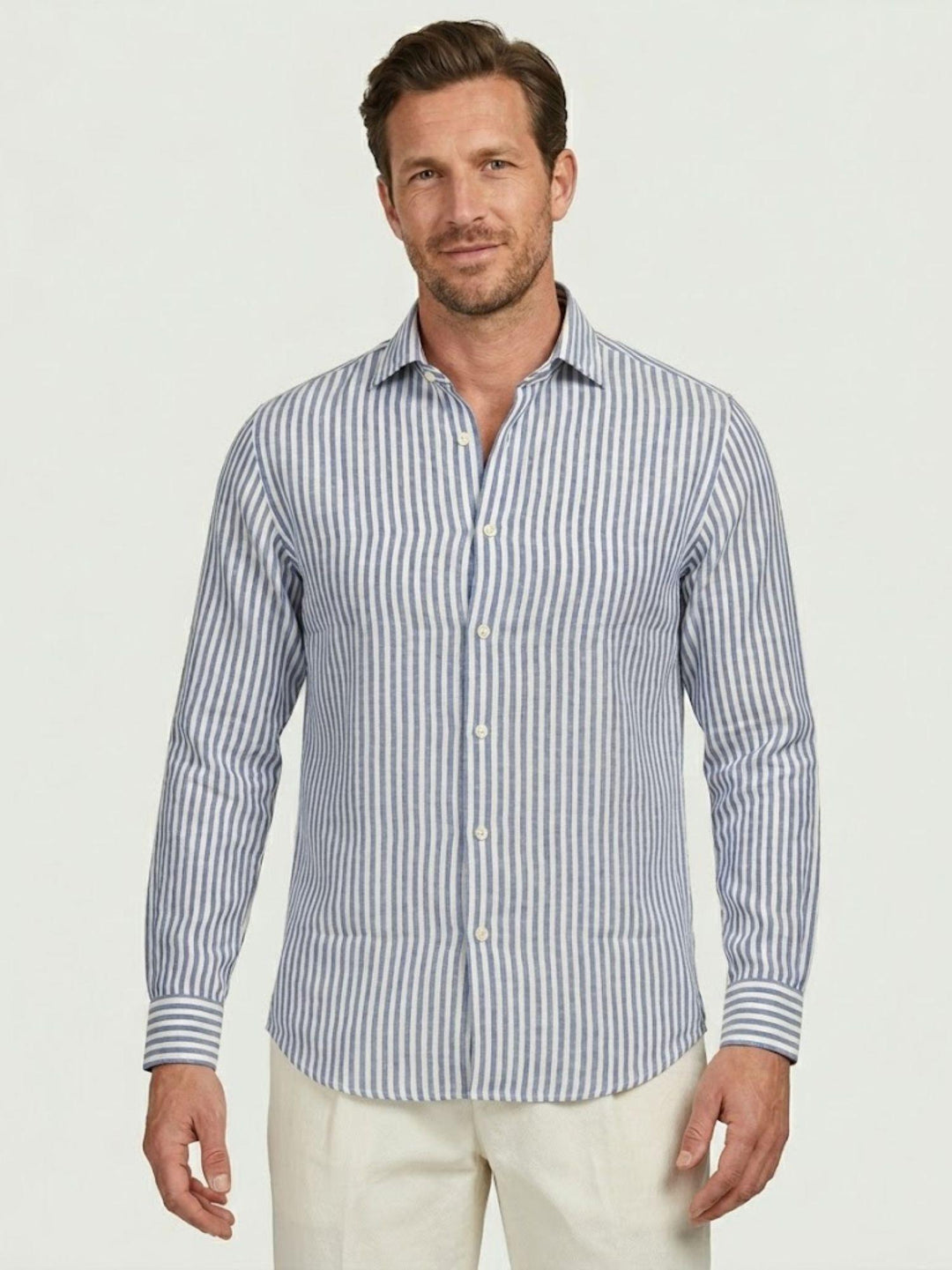 Camicia in lino a righe azzurra e bianca BU26S02CALINCOT405 243 ANDREA MORANDO 