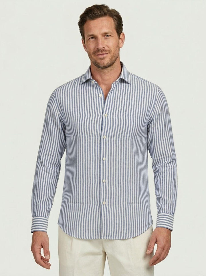 Camicia in lino a righe azzurra e bianca BU26S02CALINCOT405 243 ANDREA MORANDO 