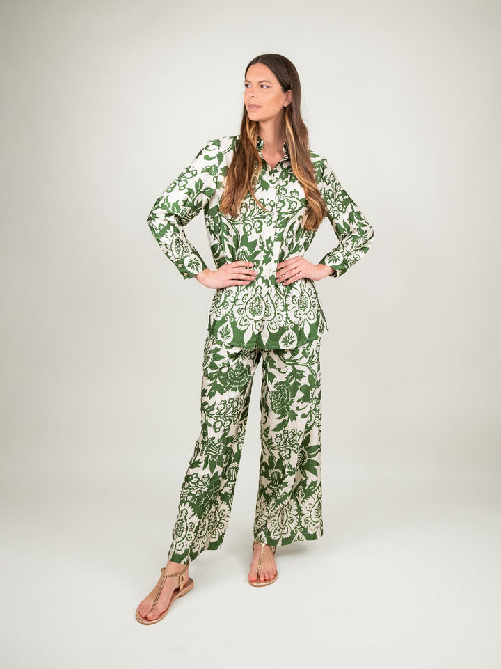 PANTALONE A PALAZZO IN FANTASIA VERDE 9821 FOGLIA ANDREA MORANDO 
