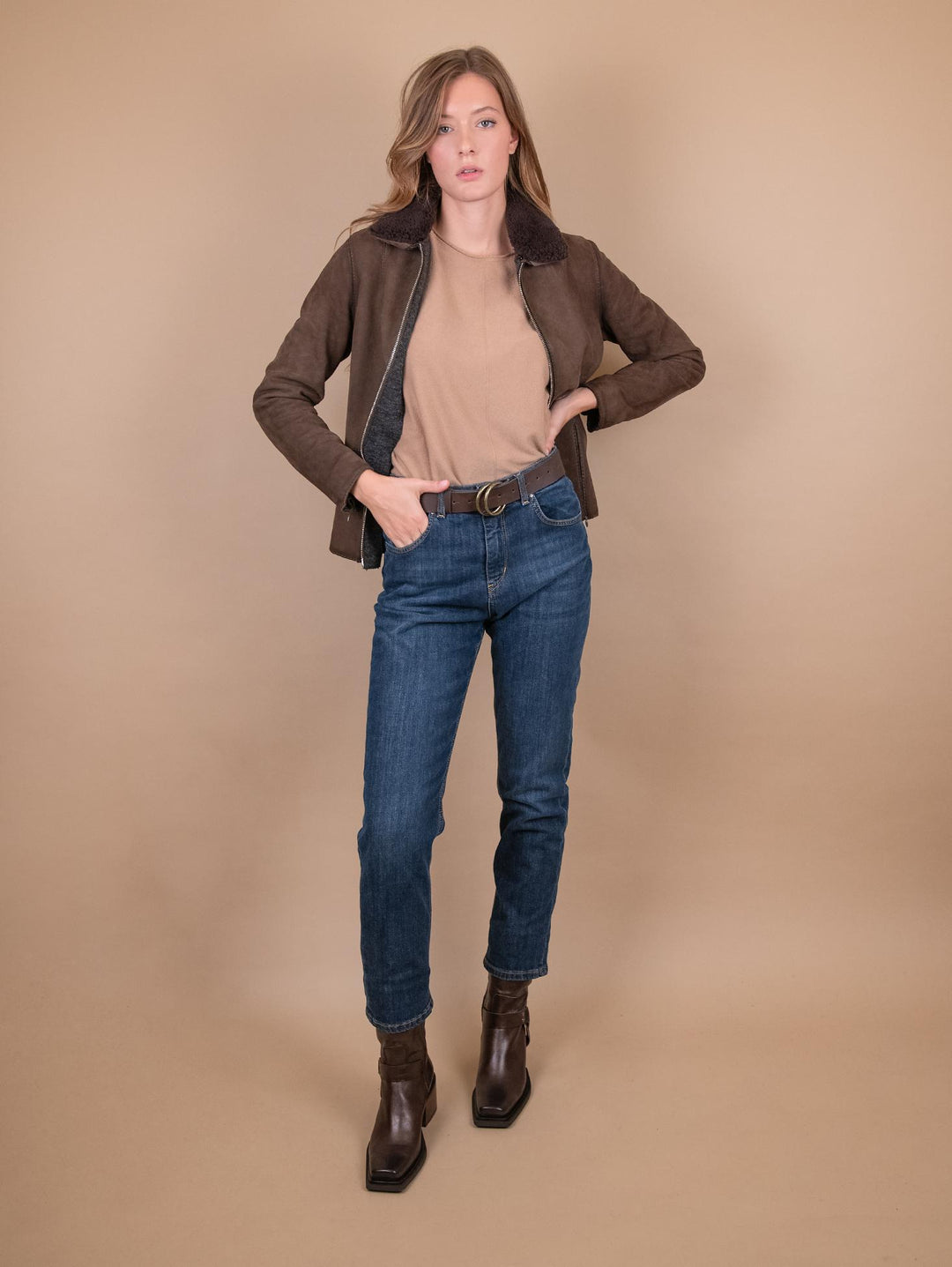 GIUBBOTTO "JUNGLE" IN CAMOSCIO CON ZIP E COLLO IN MONTONE NOCE BET8 704 JACK LEATHER 