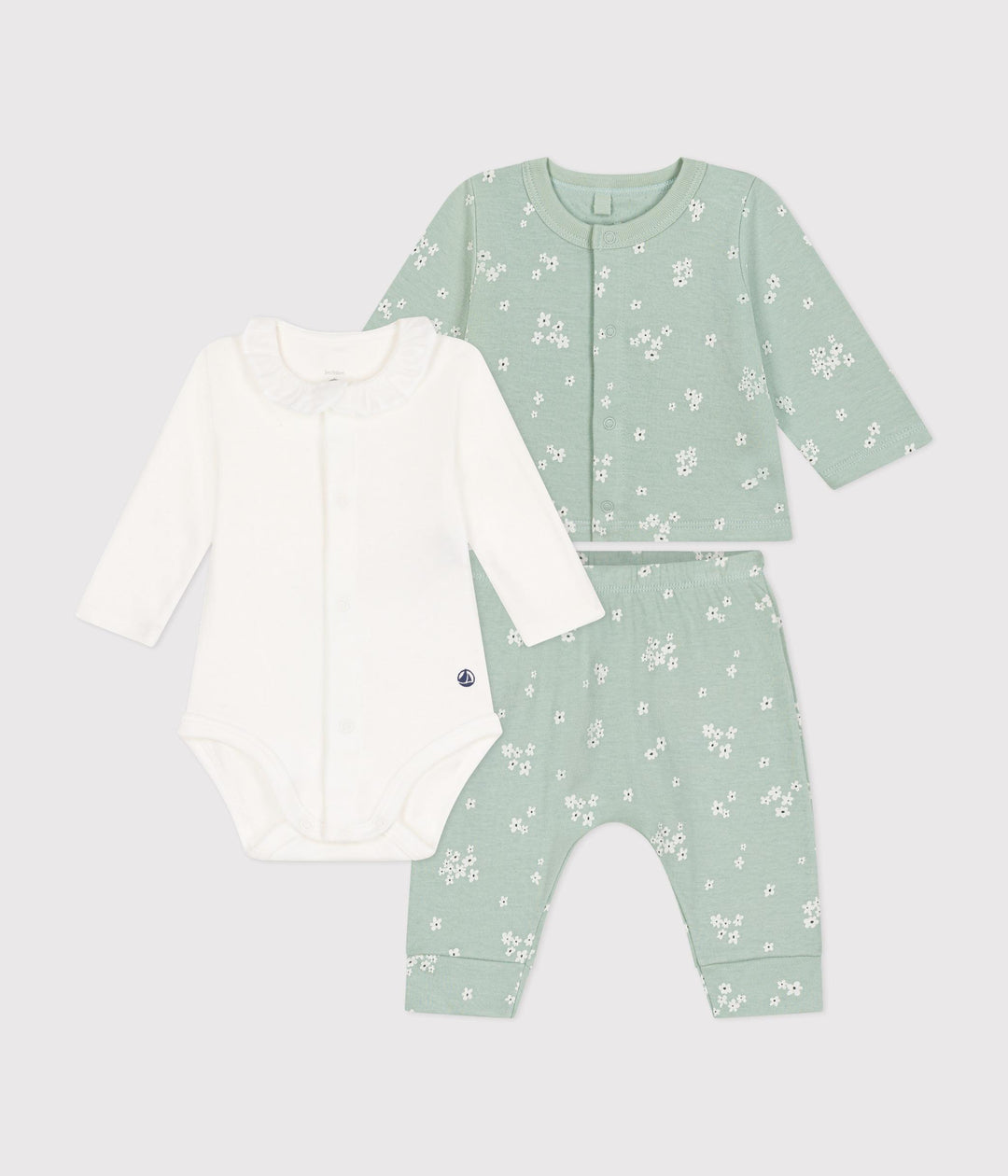 Completo verde con stampa floreale 3 pezzi in tubique neonato A0BMZ 01 PETIT BATEAU 