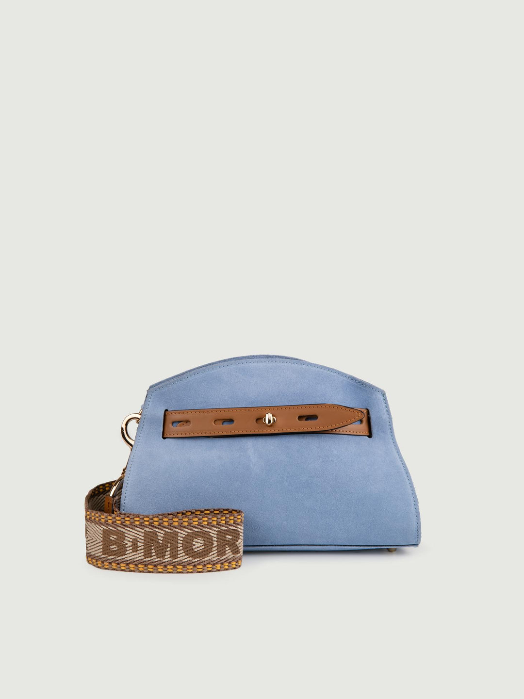 BORSA A TRACOLLA IN CAMOSCIO AZZURRO CON INSERTI IN PELLE CUOIO "SOPH" SOPH CARTA ZUCCHERO BIMOR 