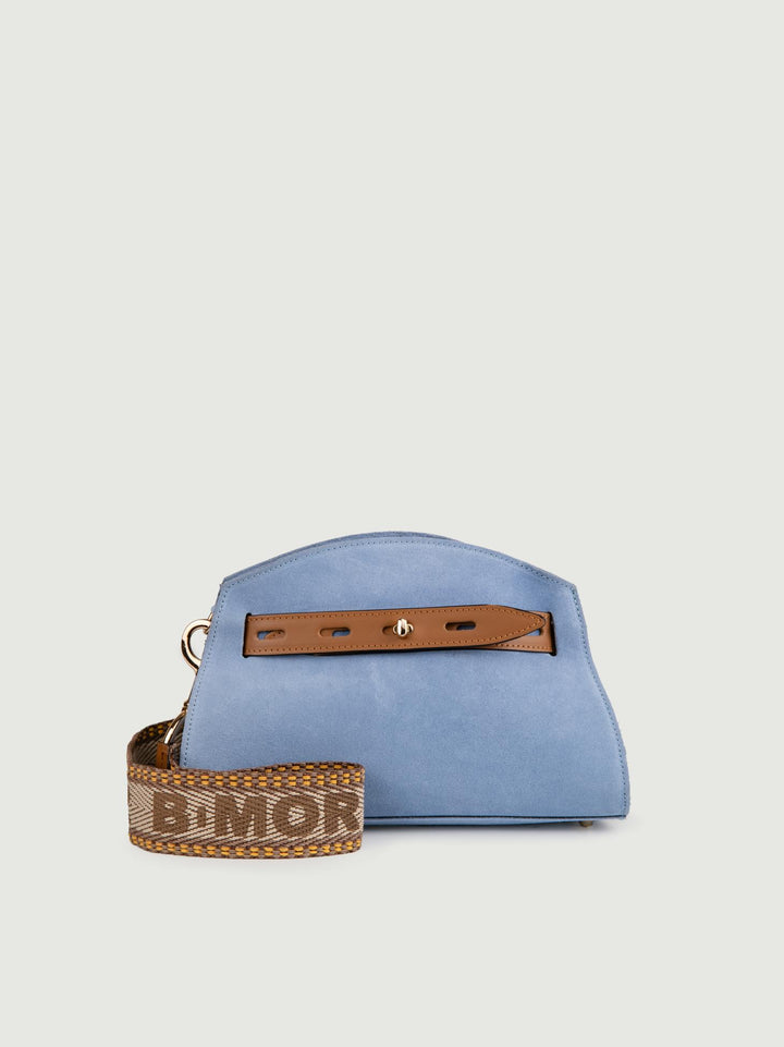 BORSA A TRACOLLA IN CAMOSCIO AZZURRO CON INSERTI IN PELLE CUOIO "SOPH" SOPH CARTA ZUCCHERO BIMOR 