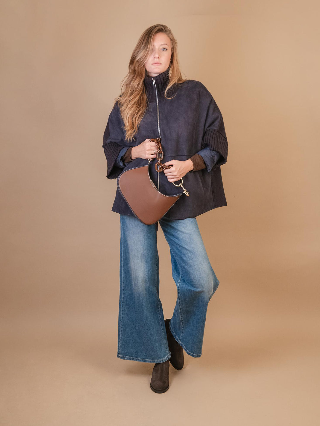 MANTELLA "ADELE" IN CAMOSCIO CON INSERTI IN MAGLIA E PIUMINO  BLU ADEK 201 JACK LEATHER 