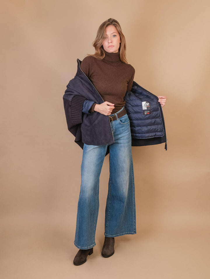 MANTELLA "ADELE" IN CAMOSCIO CON INSERTI IN MAGLIA E PIUMINO  BLU ADEK 201 JACK LEATHER 