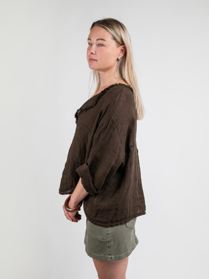 BLUSA OVERSIZE IN LINO CON COLLO SFRANGIATO MARRONE 03235 MORO ANDREA MORANDO 