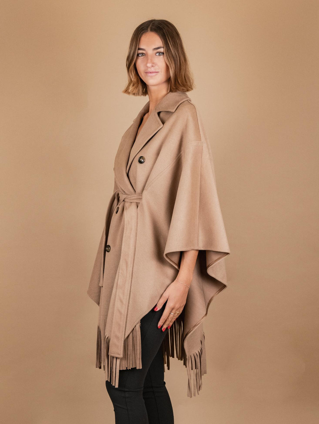 Cappotto mantella con frange cammello 9737CDH 51 ANDREA MORANDO 