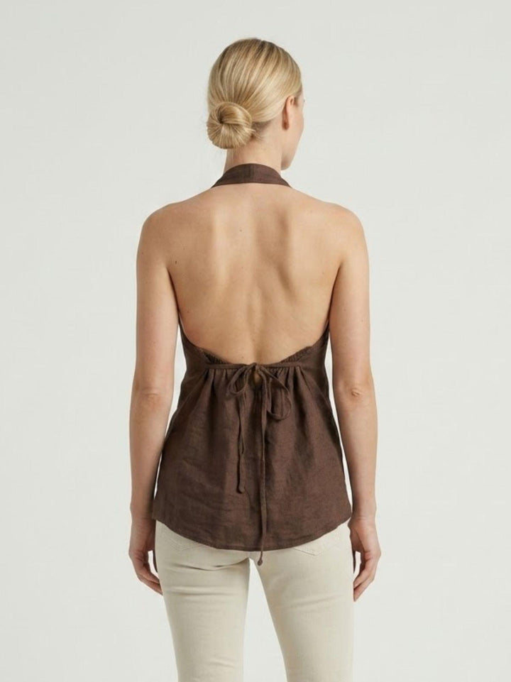 Top con scollo a V in lino testa di moro 6TS0527 MORO ANDREA MORANDO 