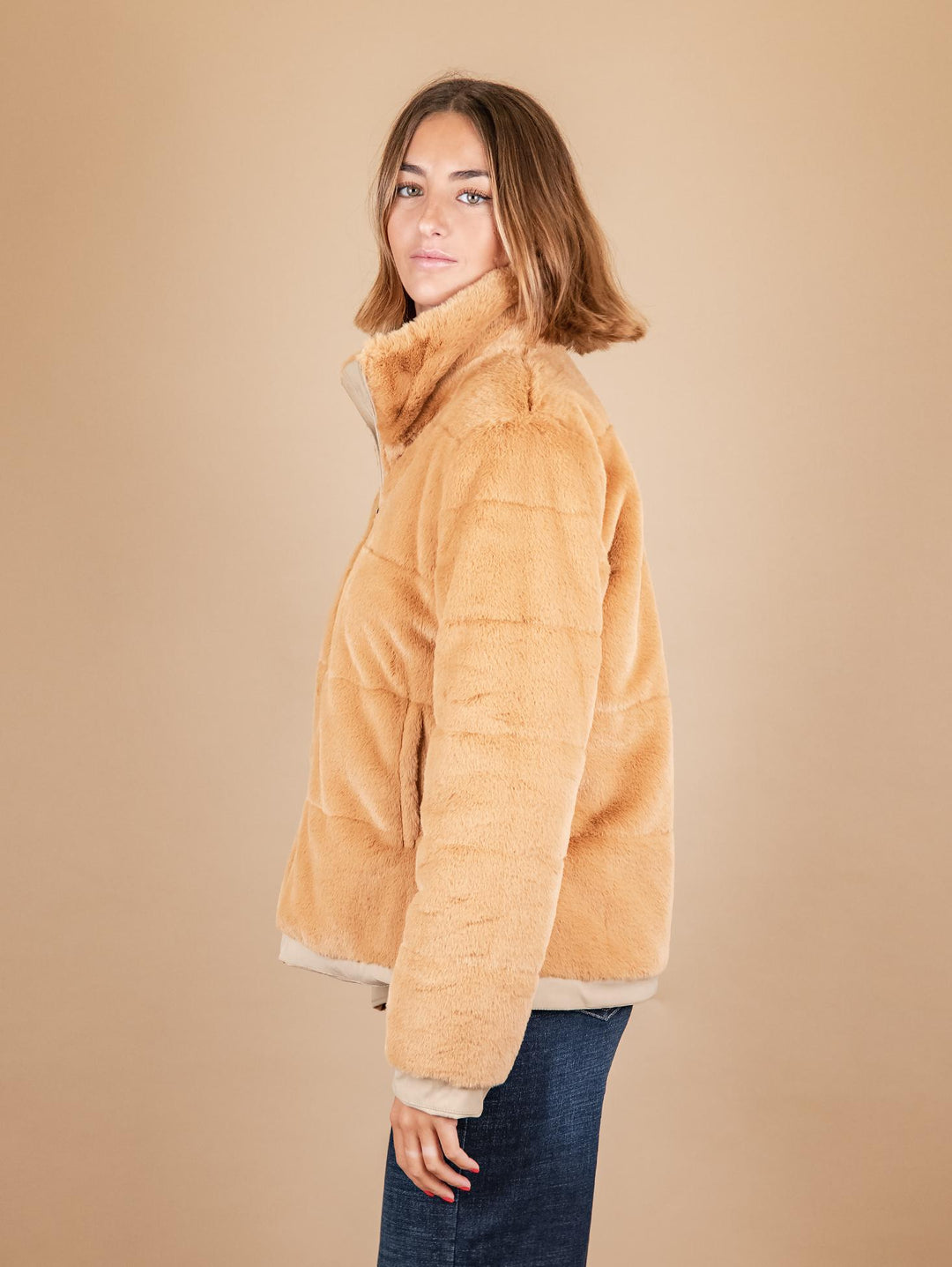 GIUBBOTTO REVERSIBILE IN TESSUTO TECNICO E ECO-PELLICCIA BEIGE 247D BEIGE ANDREA MORANDO 