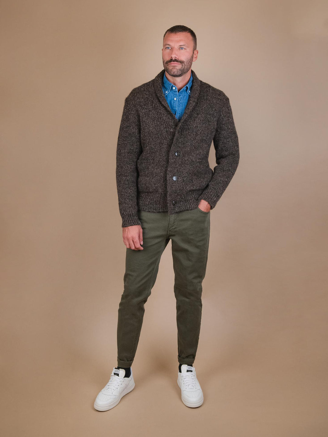 CARDIGAN IN MISTO LANA IN FANTASIA MELANGE MARRONE OF1F2W3M025 431 ANDREA MORANDO 