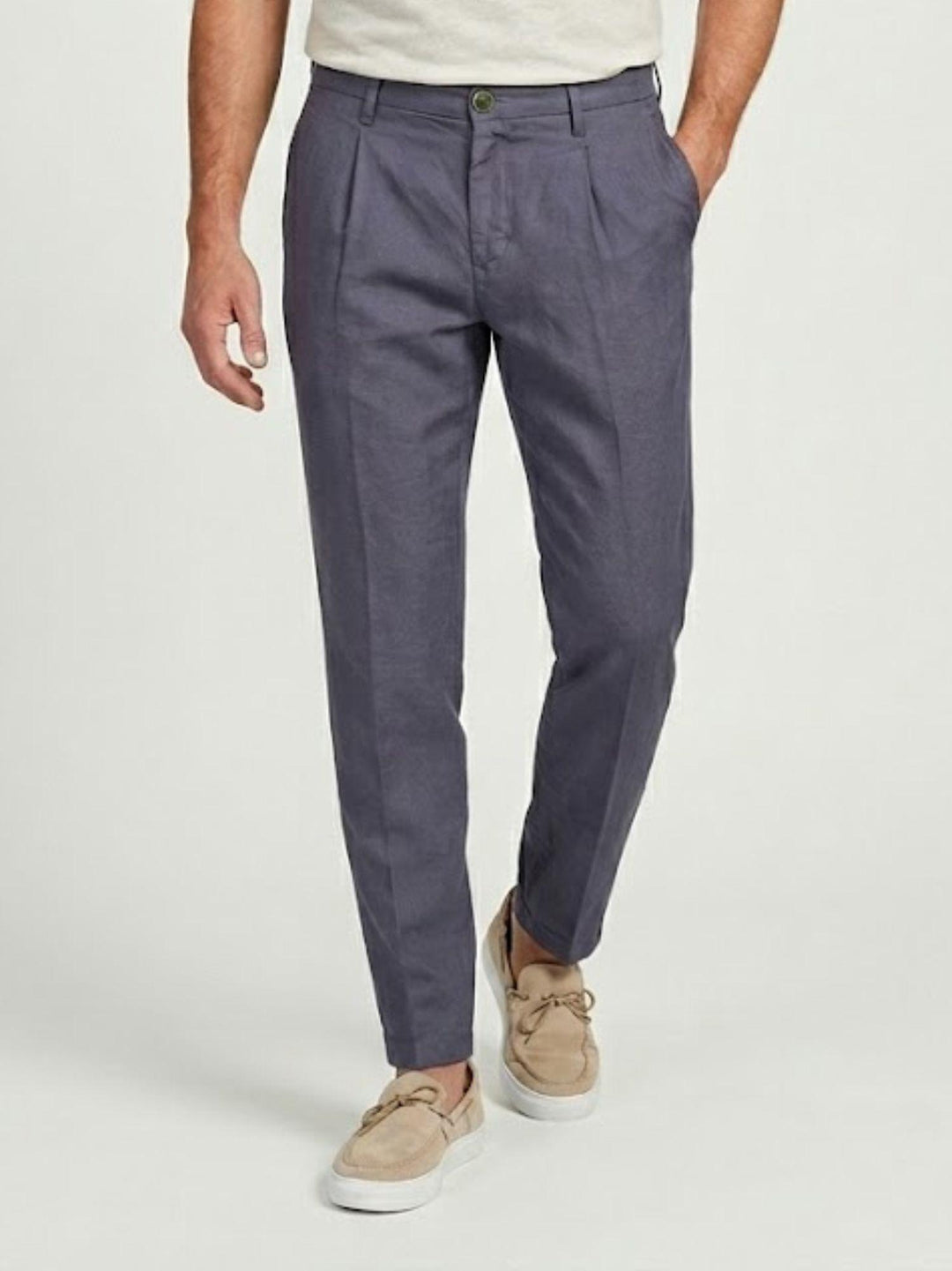 Pantalone chino in lino e cotone blu acciaio P-TONY 121 ANDREA MORANDO 