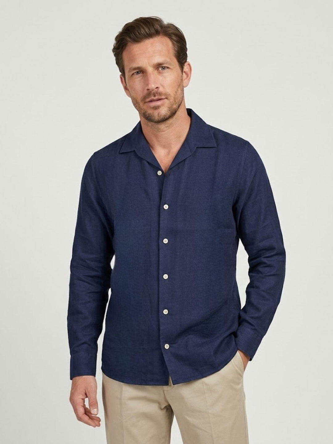 Camicia in tessuto chambray lino e cotone navy CRAIG 04 DEPERLU 