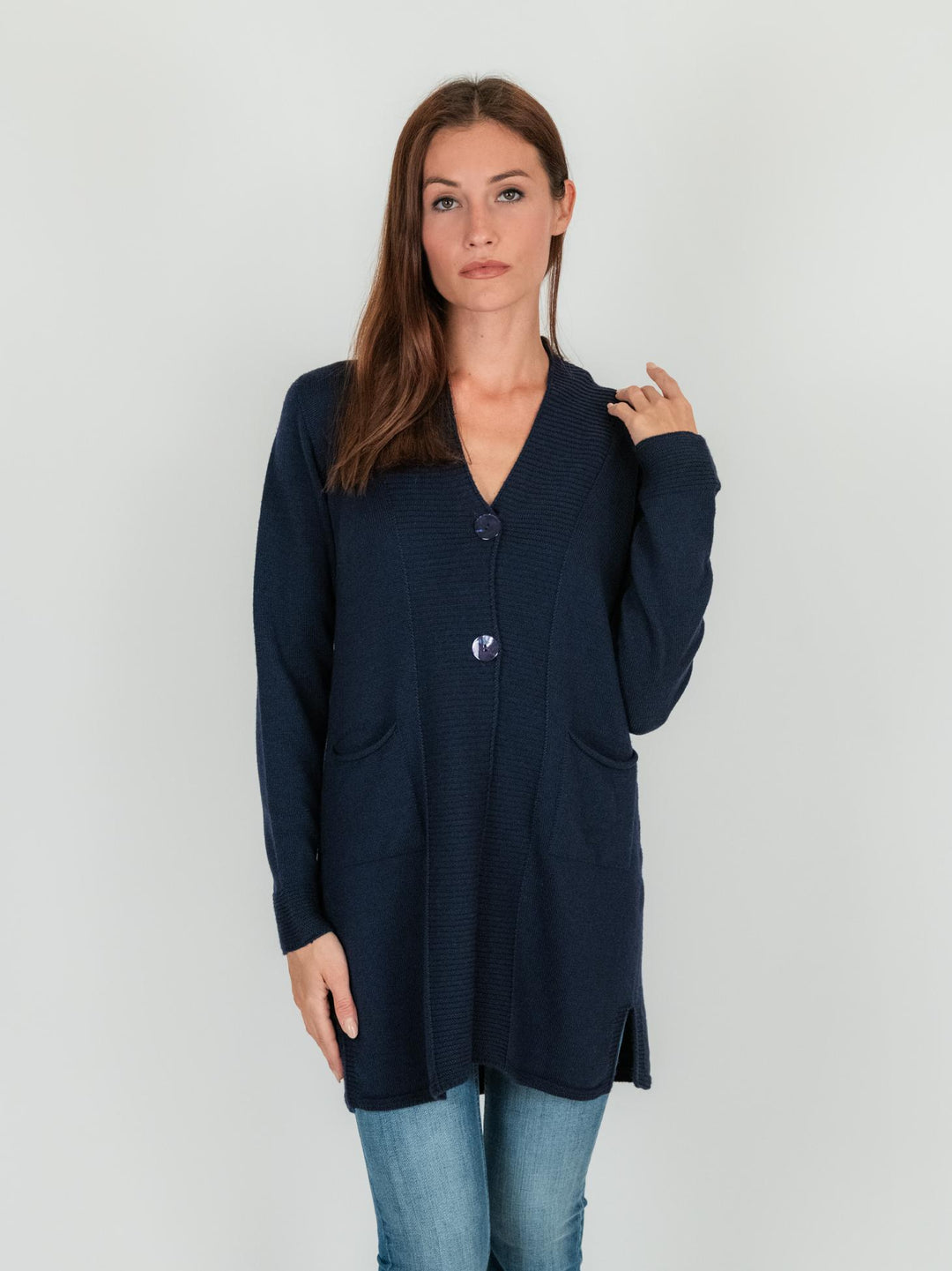 CARDIGAN LUNGO blu in lana vergine 245C8100 304 ANDREA MORANDO 