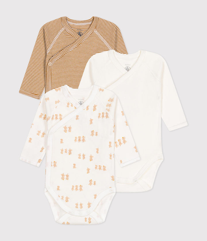 Set di 3 body incrociati a maniche lunghe righine e pulcini A0ATU 98 PETIT BATEAU 