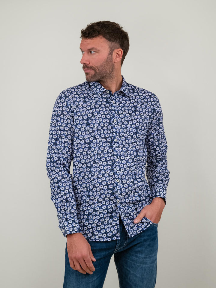 CAMICIA IN MISTO LINO BLU CON FANTASIA A FIORELLINI BU24S15CAFIOLIN533 200 ANDREA MORANDO 