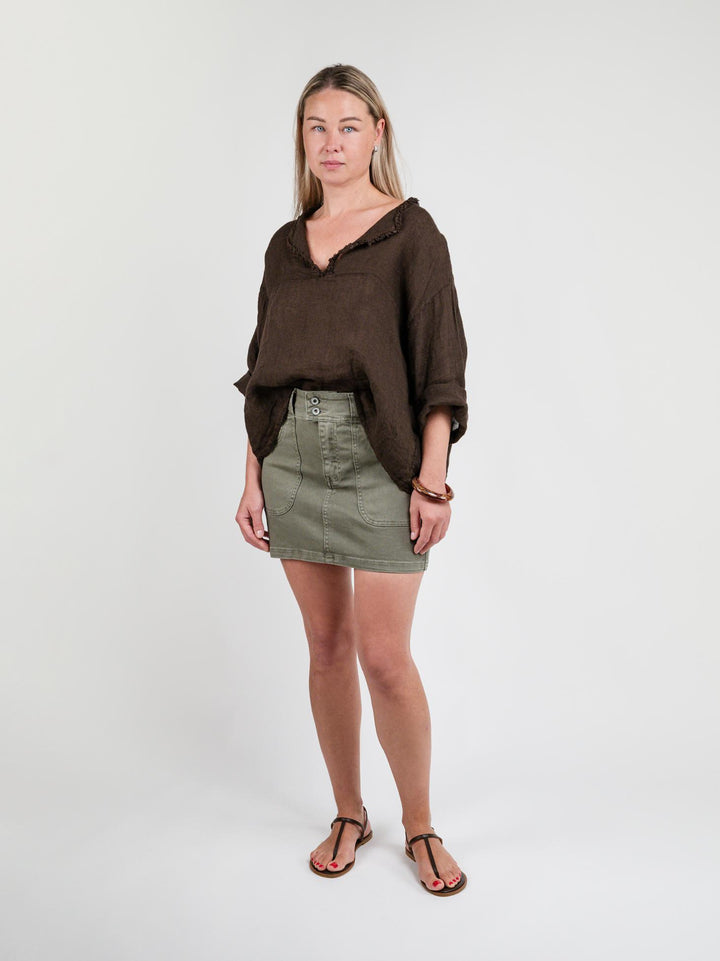 BLUSA OVERSIZE IN LINO CON COLLO SFRANGIATO MARRONE 03235 MORO ANDREA MORANDO 