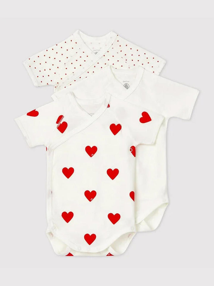 CONFEZIONE DA 3 BODY INCROCIATI IN COTONE CON MOTIVO A CUORE A04O7 00 PETIT BATEAU 