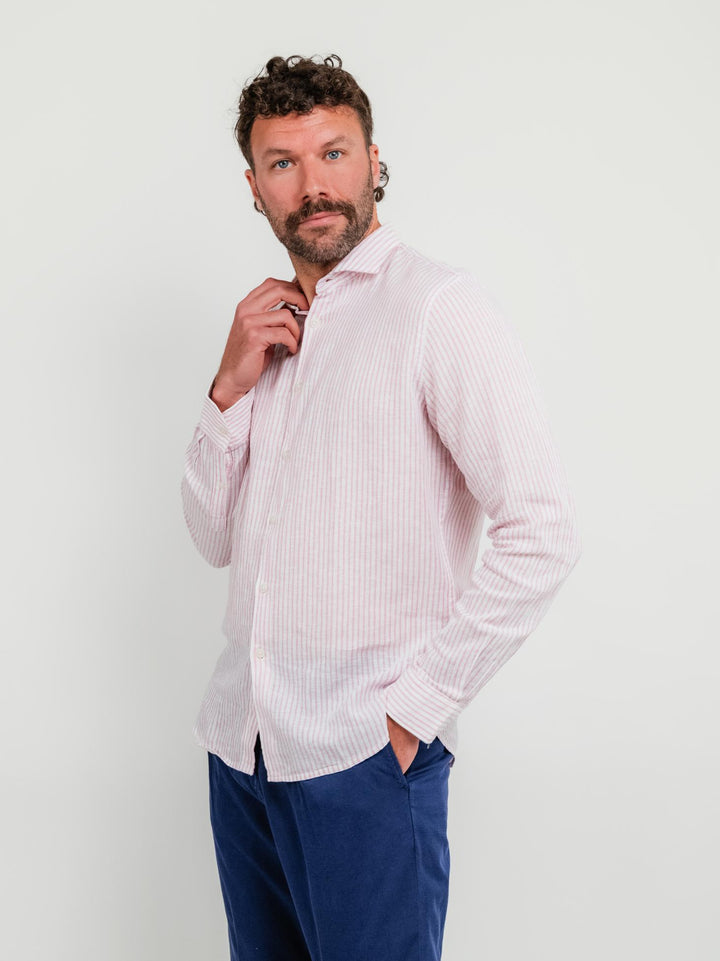 CAMICIA IN LINO E COTONE A RIGHE BIANCHE E ROSA